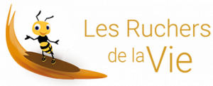 Logo des ruchers de la vie - Abeille surfeuse sur le miel - C Guilbaud Apiculteur